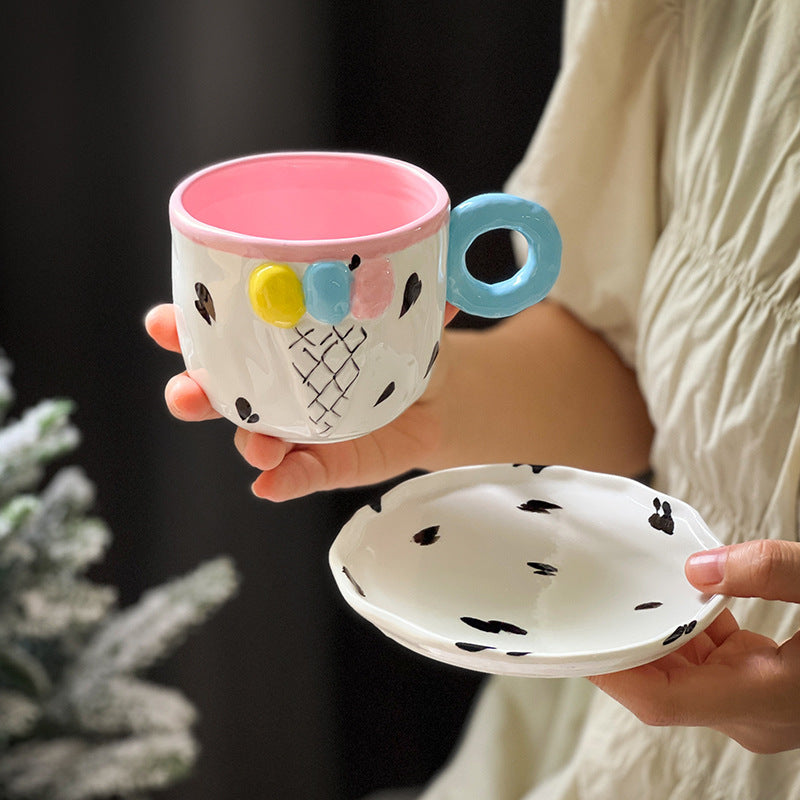 Ceramic Ice Cream Coffee Cup and Saucer Set for Women, 10 Oz Colorful Cute Teacup Set for Latte Tea - Image 3