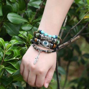 Boho Blue Evil Eye Leather Beaded Bracelets Retro Multi-Layer Beaded Bracelet for Women Men