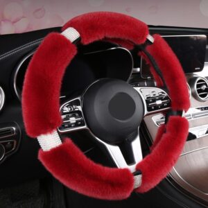 Fluffy Steering Wheel Cover for Women, Universal Rhinestone Bling Comfortable Non-Slip Luxurious Faux Wool & Glam Vehicle for Ladies, Girls, 15 Inch
