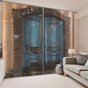 3D Printed Window Curtains Creative Blue Wooden Door Polyester Blackout Custom 2 Panels Drapes for Living Room Bedroom No Pilling No Fading No off-lining