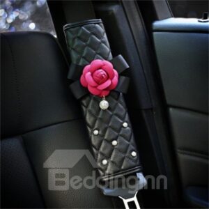 Red Camellia Design With Artificial Pearls Lovely Car Seat Belt Cover