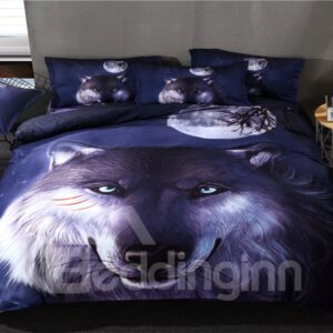 3D Wolf Printed Polyester 3-Piece Dark Blue Bedding Sets/Duvet Covers