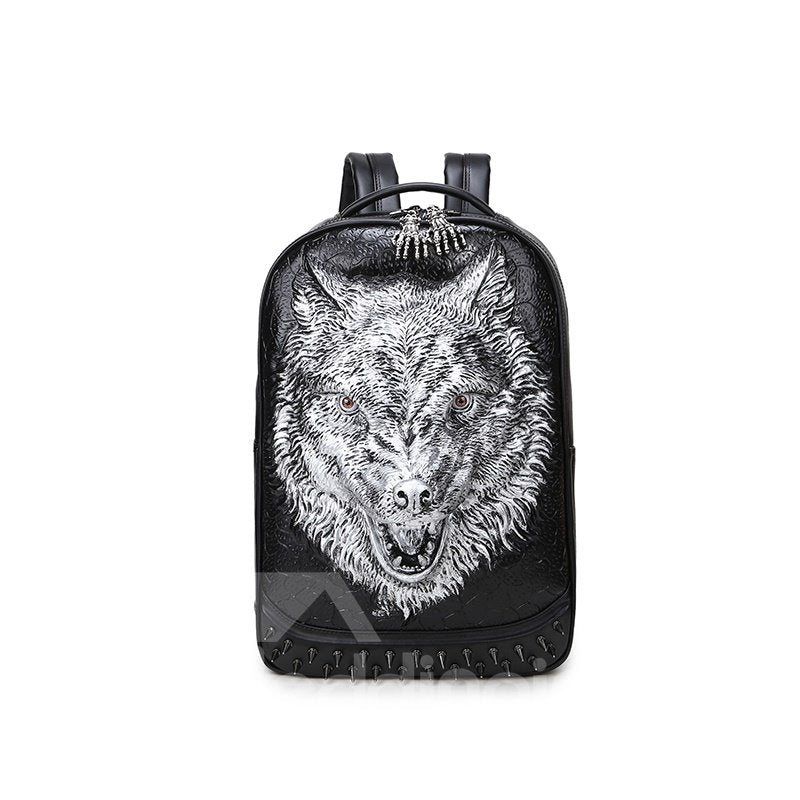 3D Wolf Head Studded Backpack PU Leather Rucksack Shoulder Bag - Image 2