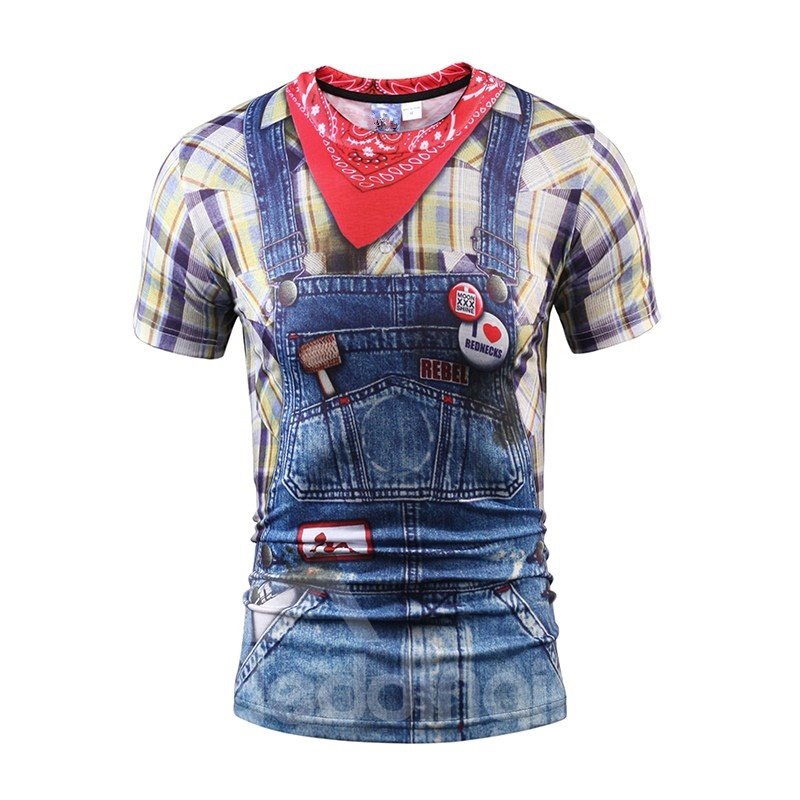 Funny Denim Strap Printed Round Neck Overalls and Shirt Pattern 3D Painted T-shirt - Image 6