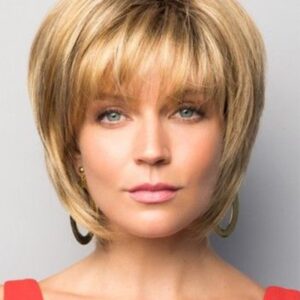 Straight Lace Front Cap Women Human Hair 120% 10 Inches Wigs Heat Resistant Natural Looking Daily Party Wigs Cosplay Wigs with Natural Bangs with Free Wig Cap