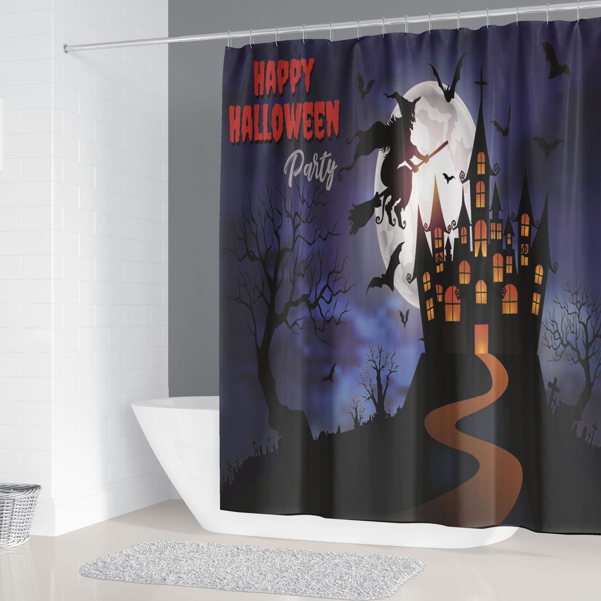 3D Shower Curtain Happy Halloween Witch Castle Moon Bat Bathroom Shower Curtains with Hooks for Halloween Decoration Waterproof Mouldproof - Image 5
