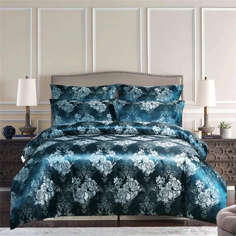 Silky Satin Jacquard 3-Piece Bedding Set Skin-friendly Polyester Duvet Cover Set 2 Pillowcases Twin Queen King Size Silver Blue Red