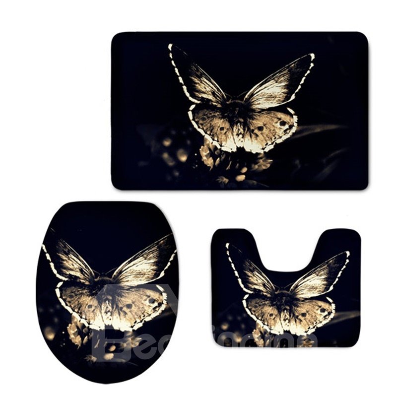 Black Background with Butterflies Printed Pattern Flannel PVC Soft Anti-slid Toilet Seat Covers