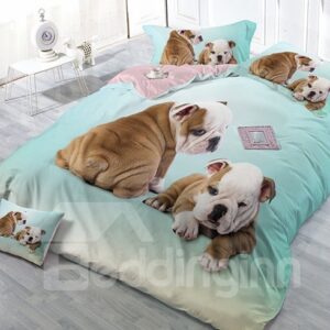 Khaki Bulldog Light Blue Wear-resistant Breathable High Quality 60s Cotton 4-Piece 3D Bedding Sets