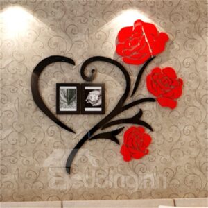Red Two Photo Frame Love Heart Pattern Acrylic Material Living Room 3D Wall Sticker