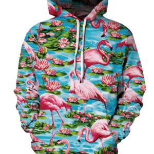 Long Sleeve Flamingo and Lotus Pattern 3D Painted Hoodie