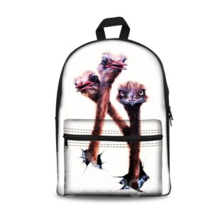 3D White Bottom color with Ostrich School Backpack for Boys Girls Fashion Durable Book Bag