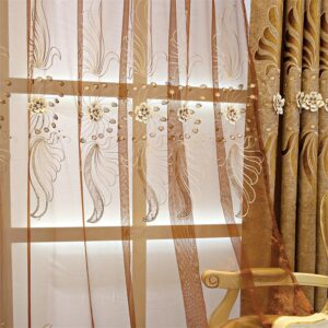 Embroidery Floral European Sheer Curtains Blue Coffee Window Sheer for Living Room Bedroom Decoration Custom 2 Panels Breathable Hook Voile Drapes
