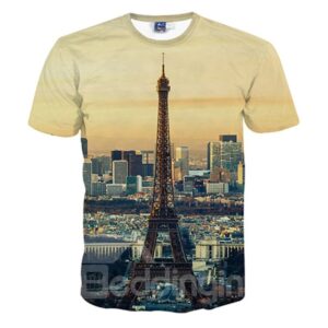 Placid Round Neck Eiffel Tower Pattern 3D Painted T-Shirt