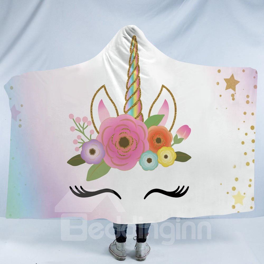 Rainbow Color Funny Unicorn Printing Polyester Hooded Blanket - Image 3