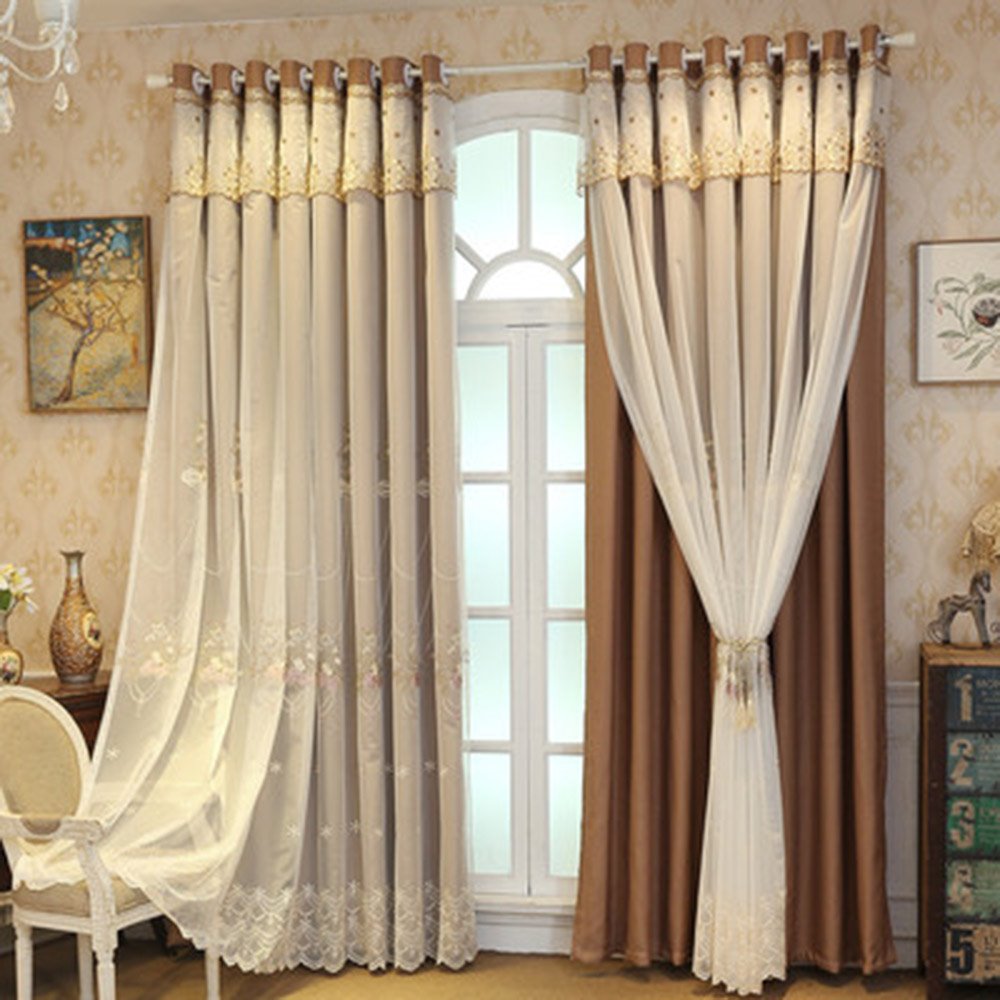 European Embroidered Curtain Sets Sheer and Lining Blackout Curtains Yellow and Coffee Color for Living Room Bedroom Decoration No Pilling No Fading No off-lining - Image 2