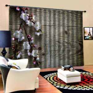 Cherry Blossom 3D Floral Curtains Wood 2 Panels Drapes for Living Room Bedroom Decoration No Pilling No Fading No off-lining Polyester