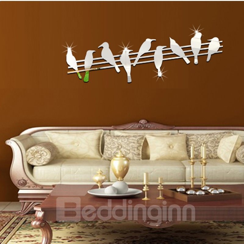15¡Á5in Silver Birds on Branches Mirror Waterproof and Eco-friendly 3D Wall Stickers