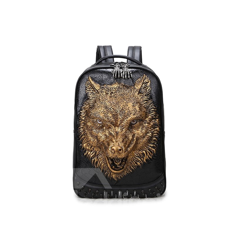 3D Wolf Head Studded Backpack PU Leather Rucksack Shoulder Bag - Image 3