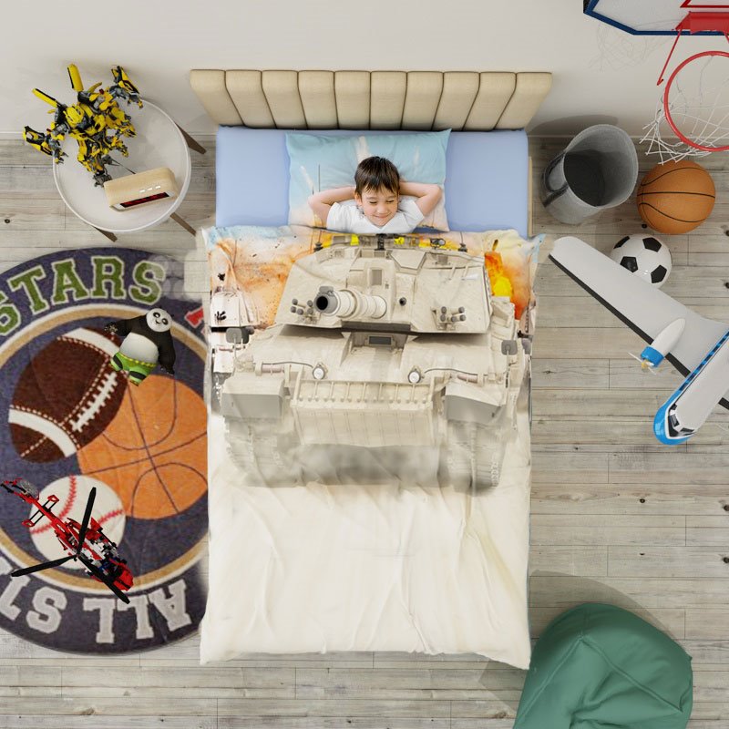 Tank Print 3D 4-Piece Duvet Cover Set Wear-resistant Breathable High Quality 60s Cotton Satin Boys Bedding - Image 3