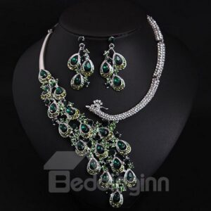 Sparking Peacock Design Statement Necklace and Earrings Group