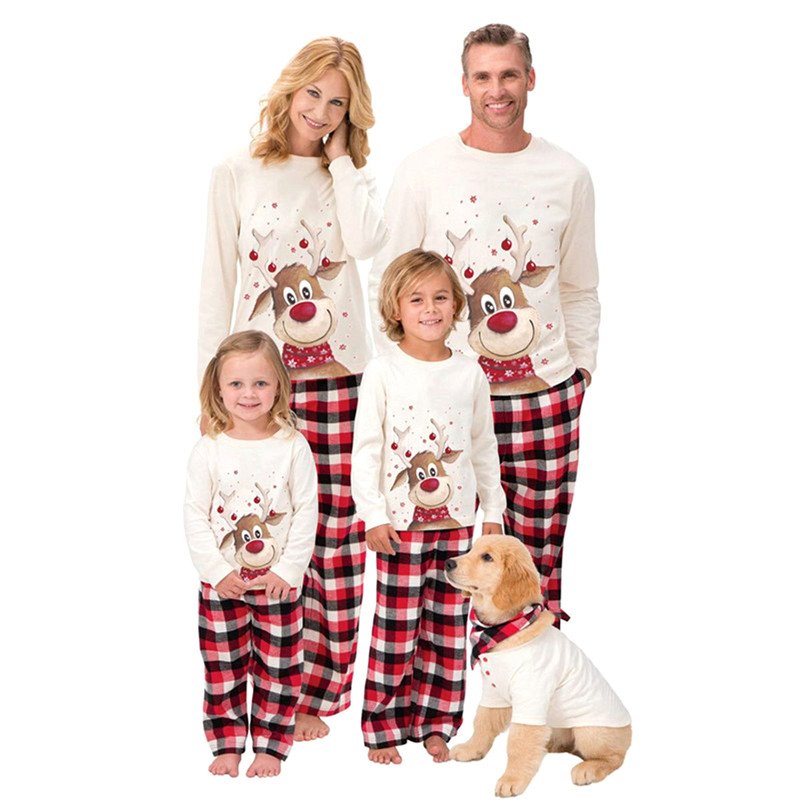 Family Outfit Suit White Cartoon Deer Head Long Sleeve Top Plaid Trousers Parent-child Outfit Christmas Gift - Image 4