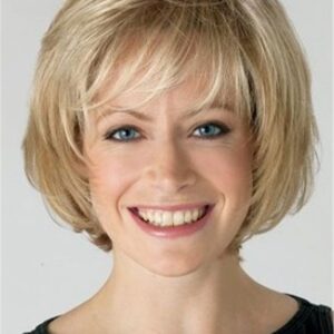 Natural Straight Capless Women Synthetic Hair 120% 12 Inches Wigs Heat Resistant Natural Looking Daily Party Wigs Cosplay Wigs with Natural Bangs with Free Wig Cap