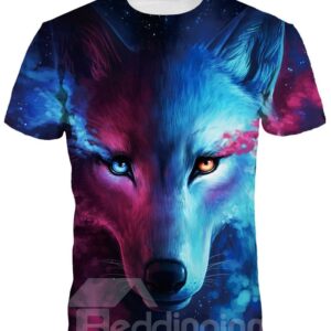 Blue Wolf with Tear Short Sleeve Round Neck 3D Painted T-Shirt