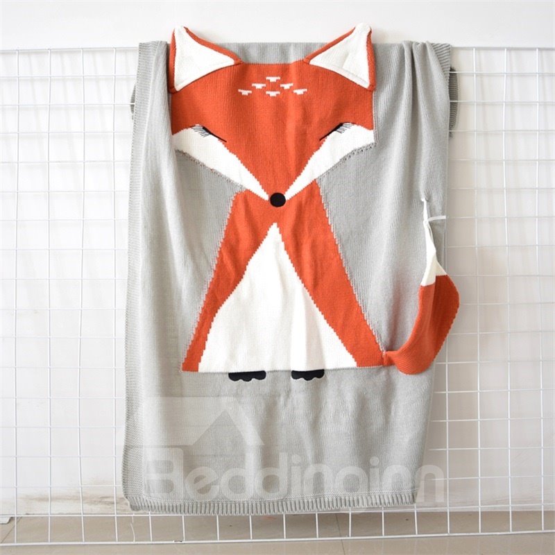 23.7*47.3in Fox Pattern 3 Color Knit Acrylic Soft Baby Blanket