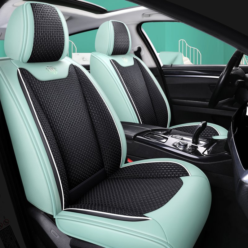 Cool and Hard-wearing Exclusive 5 Seater Universal Fit Seat Covers for Summer Combination of Durable Leather and Breathable Linen Material Compatible with Airbags Universal Fit Interior Accessories for Auto Truck Van SUV