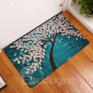 16¡Á24in White Leaves Flannel Water Absorption Soft and Nonslip Blue Bath Rug/Mat