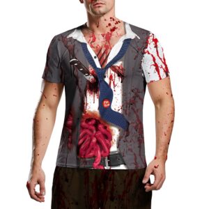 Short Sleeve Halloween Bleeding Terrorist Zombies 3D Print Round Neck Men's T-shirt with Comfortable Breathable Fabric
