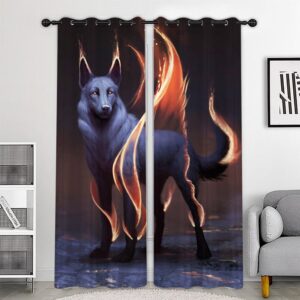 Creative 3D Printed Blackout Curtains White Wolf and Flame Custom 2 Panels Drapes for Living Room Bedroom Decoration No Pilling No Fading No off-lining Heat insulation Sun Protection Waterproof Polyester