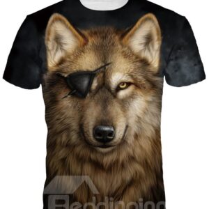 Cool Wolf with One Eye Short Sleeve Round Neck 3D Painted T-Shirt