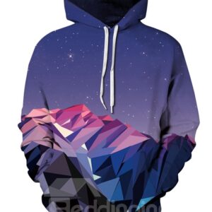 Long Sleeve Mountain Range Galaxy Pattern Pocket 3D Painted Hoodie