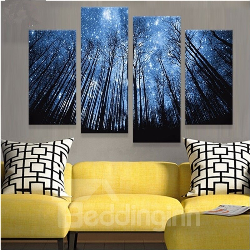 Blue Star Sky and Forest Hanging 4-Piece Canvas Non-framed Waterproof Wall Prints