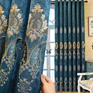 Blackout Curtains European Chenille Blue Vintage Embroidery Shading Curtains Noble and Elegant for Living Room Bedroom Decoration Custom 2 Panels Drapes