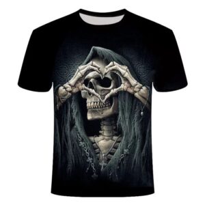 Black 3D Print Skull and Heart Men's T-shirt Creative Casual Couple Outfit Unisex Short Sleeve Round Neck Loose T-shirts