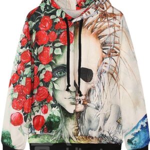 Unique Long Sleeve Rose and Skull Pattern Pocket 3D Painted Hoodie