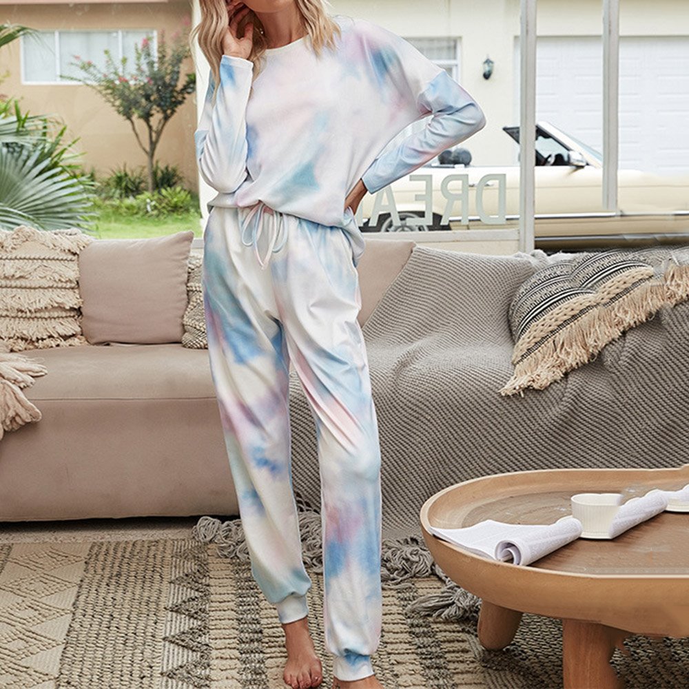 Fashion Pocket Light Purple Gradient Round Neck Long Sleeve Women's Pajama Suit - Image 3