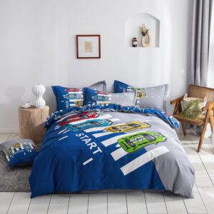 Cartoon Racing Car 4-Piece Bedding Set/Duvet Cover Set Soft Skin-friendly Cotton Bedding for Boys Bedroom Twin Queen King Size Blue