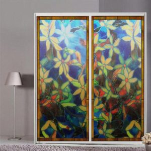 Classic Retro Style Window Privacy Film Colored Floral Non-Adhesive Static Cling Heat Control Anti UV Non-Adhesiv Window Stickers for Glass Door Home House Ofiice