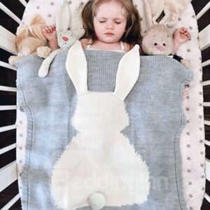 White Rabbit Pattern Cotton Knit Gray Baby Blanket