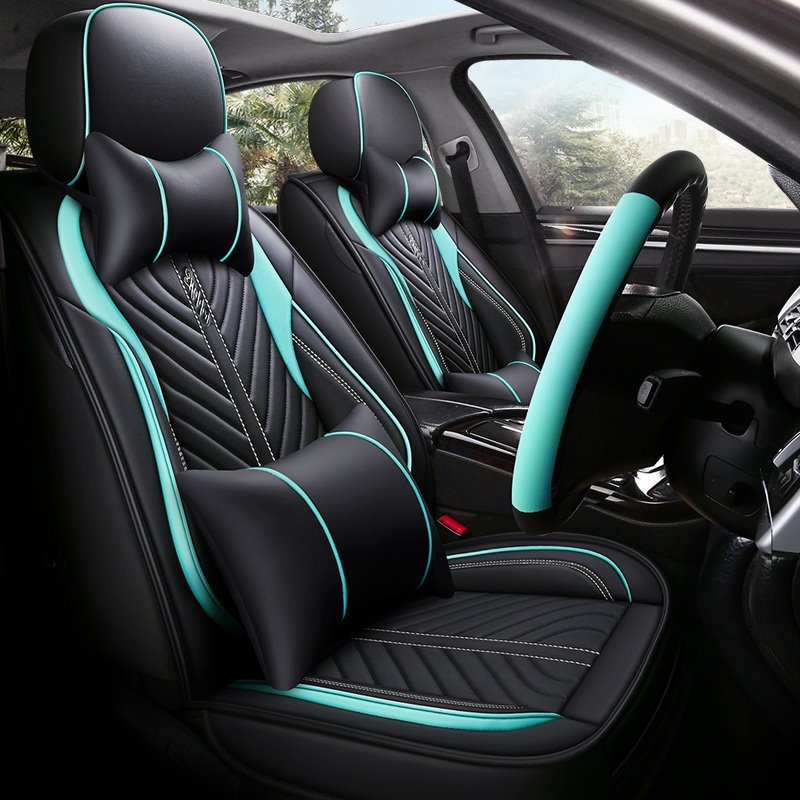 Breathable Wear-resistant PU Leather Wear-resisting Scratch No Peculiar Smell Fresh Breathable Not Stuffy Airbag Compatible 5-seater Universal Fit Seat Covers With Lumbar Pillow*2 Headrest Pillow*2 Steering Wheel Cover*1 Fit for SUV Sedan Truck - Image 5