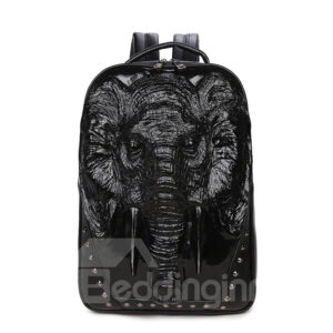 3D Elephant Head Studded Backpack PU Leather Rucksack Shoulder Bag