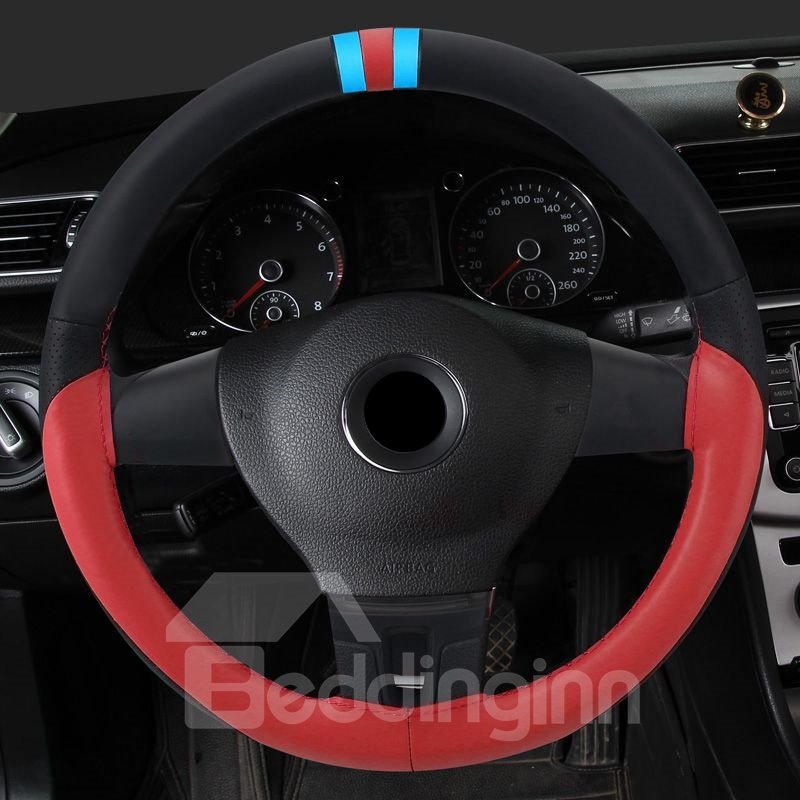 Pure Color Textured Genuine PU Leather Hand-stitched Steering Wheel Cover - Image 2