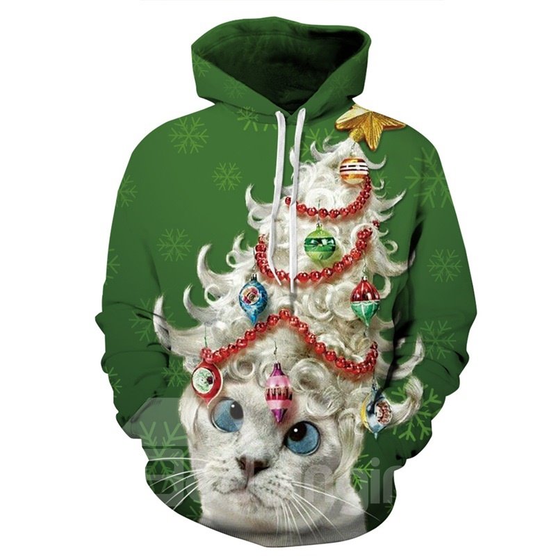 Long Sleeve Cat with Wig Green 3D Pattern Hoodie - Image 4