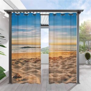 Modern 3D Printed Outdoor Curtains Golden Beach Cabana Grommet Top Curtain Waterproof Sun-proof Heat-insulating 2 Panels