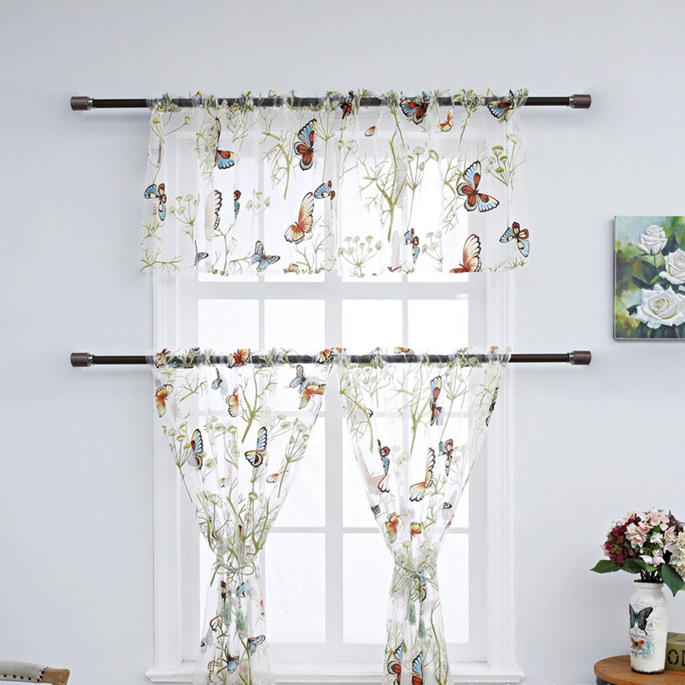 Butterfly Pattern Embroidered Window Valance 3 Pcs Sheer Voile Short Curtain for Kitchens Bathrooms Basements & More