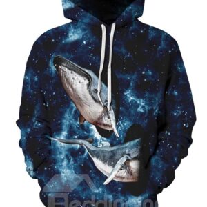 Long Sleeve Whale Fly to the Sky Galaxy Pattern 3D Painted Hoodie